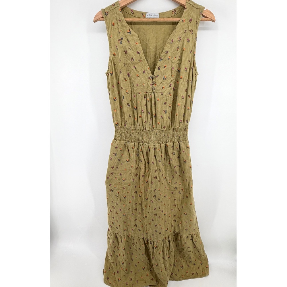Prana Womens Olive Green Floral Smocked Waist Tiered Maxi Dress Size M READ